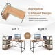 Reversible L-shaped computer workstation in walnut with 3-tier open shelf, ideal for corner placement in home offices.